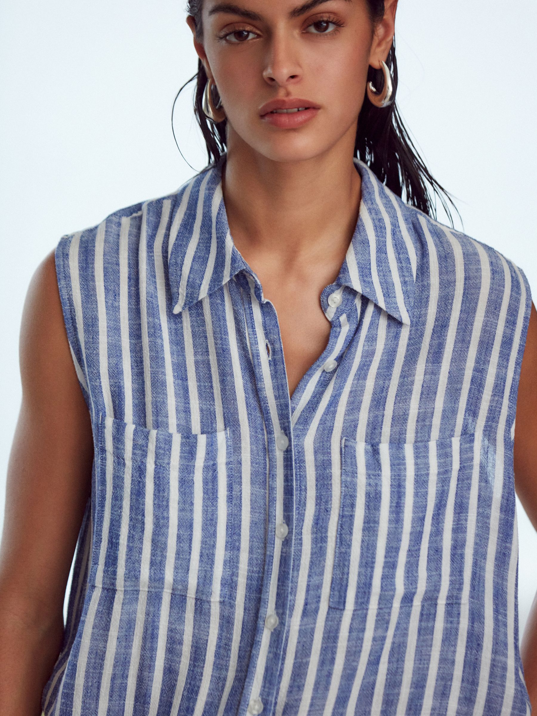 Buy Blue/White Stripe Sleeveless Ruched Side Linen Blend