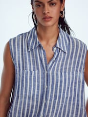 Blue/White Stripe Sleeveless Ruched Side Linen Blend Shirt - Image 3 of 6