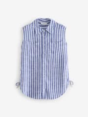Blue/White Stripe Sleeveless Ruched Side Linen Blend Shirt - Image 5 of 6