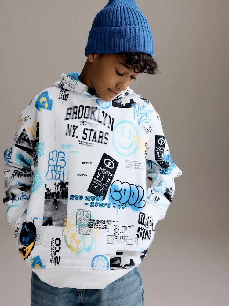 White/Blue Drippy Smile Graphic Hoodie (3-16yrs) - Image 1 of 9