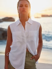White Sleeveless Ruched Side Linen Blend Shirt - Image 1 of 6