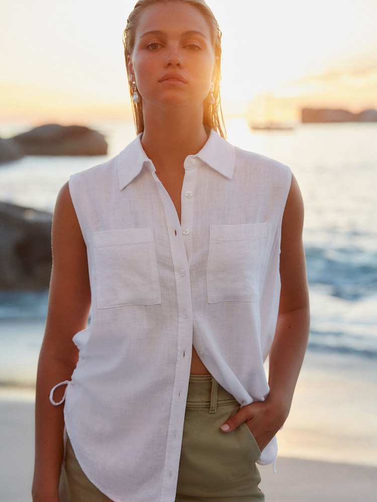 White Sleeveless Ruched Side Linen Blend Shirt - Image 1 of 6