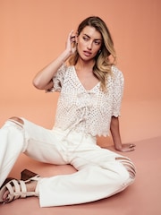 Neutral Short Sleeve Broderie Tie Front Top - Image 2 of 6