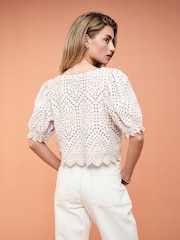 Neutral Short Sleeve Broderie Tie Front Top - Image 3 of 6