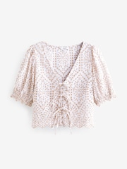 Neutral Short Sleeve Broderie Tie Front Top - Image 5 of 6