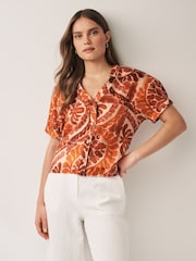 Brown Tile Print Short Sleeve V-Neck Buttoned Front Blouse - Image 1 of 6