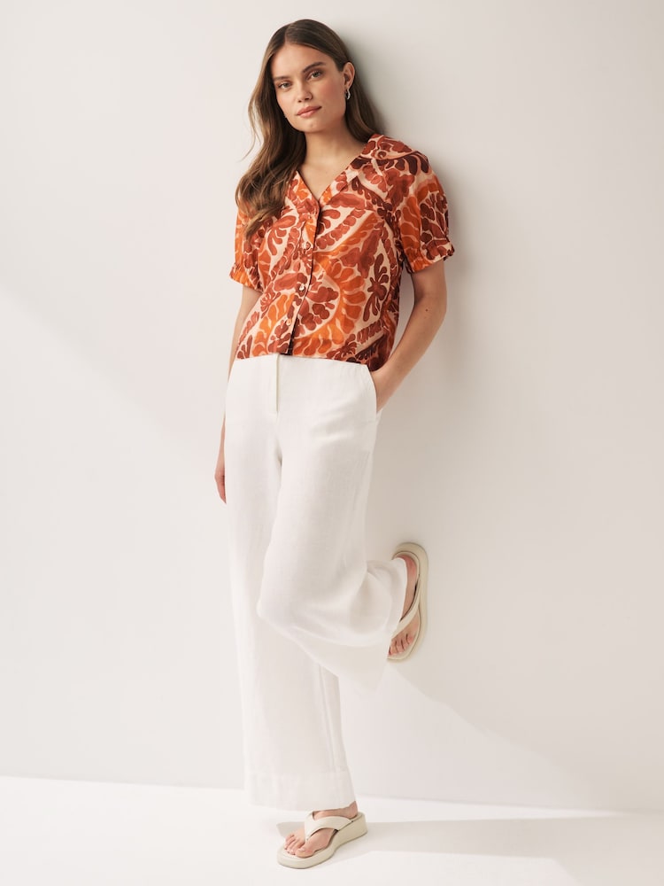 Brown Tile Print Short Sleeve V-Neck Buttoned Front Blouse - Image 2 of 6
