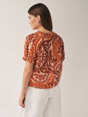 Brown Tile Print Short Sleeve V-Neck Buttoned Front Blouse - Image 3 of 6