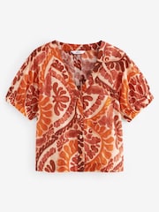 Brown Tile Print Short Sleeve V-Neck Buttoned Front Blouse - Image 5 of 6