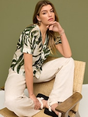 Green Leaf Print Short Sleeve V-Neck Buttoned Front Blouse - Image 2 of 6