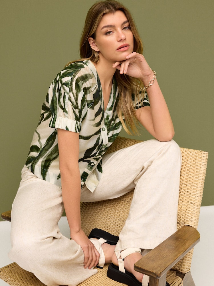 Green Leaf Print Short Sleeve V-Neck Buttoned Front Blouse - Image 2 of 6