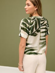 Green Leaf Print Short Sleeve V-Neck Buttoned Front Blouse - Image 3 of 6