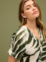 Green Leaf Print Short Sleeve V-Neck Buttoned Front Blouse - Image 4 of 6