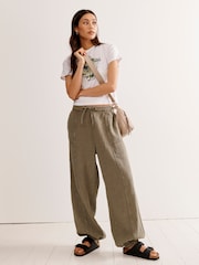 Khaki Green Textured Cotton Pull On Trousers - Image 1 of 7