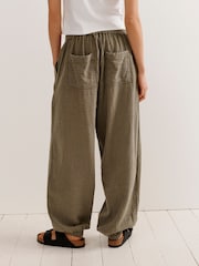Khaki Green Textured Cotton Pull On Trousers - Image 4 of 7