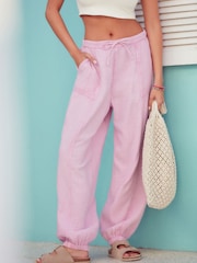 Lilac Purple Textured Cotton Pull On Trousers - Image 2 of 7