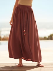 Brown Textured Maxi Skirt With Beaded Belt - Image 3 of 7