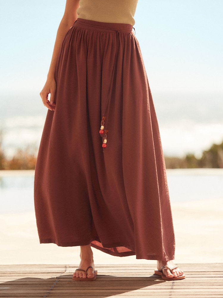 Brown Textured Maxi Skirt With Beaded Belt - Image 3 of 7