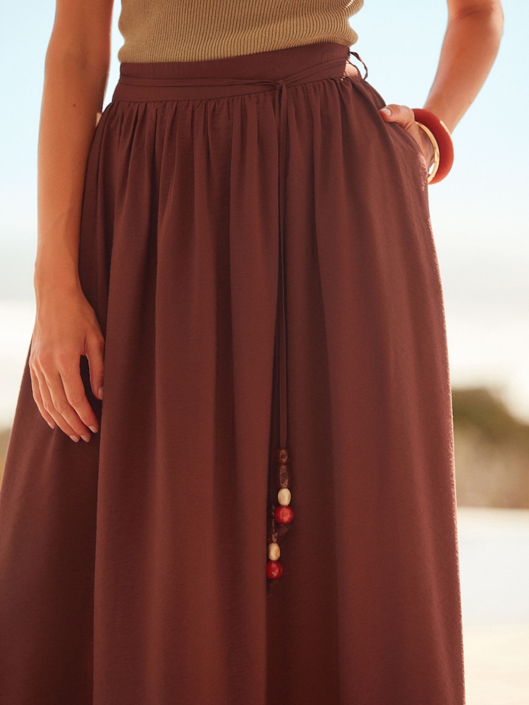 Brown Textured Maxi Skirt With Beaded Belt - Image 5 of 7