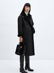 Mango Black Double Breasted Faux Fur Coat - Image 1 of 6