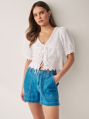 White Short Sleeve Broderie Tie Front Top - Image 1 of 5