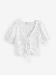 White Short Sleeve Broderie Tie Front Top - Image 3 of 5