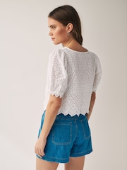 White Short Sleeve Broderie Tie Front Top - Image 4 of 5