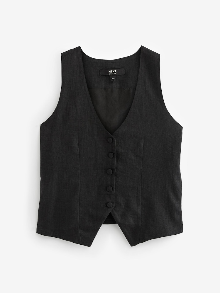 Black Linen Blend Summer Waistcoat - Image 2 of 6 Black Linen Blend Summer Waistcoat - Image 2 of 6
