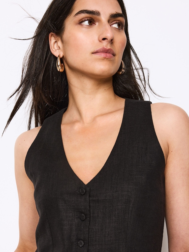 Black Linen Blend Summer Waistcoat - Image 6 of 6 Black Linen Blend Summer Waistcoat - Image 6 of 6
