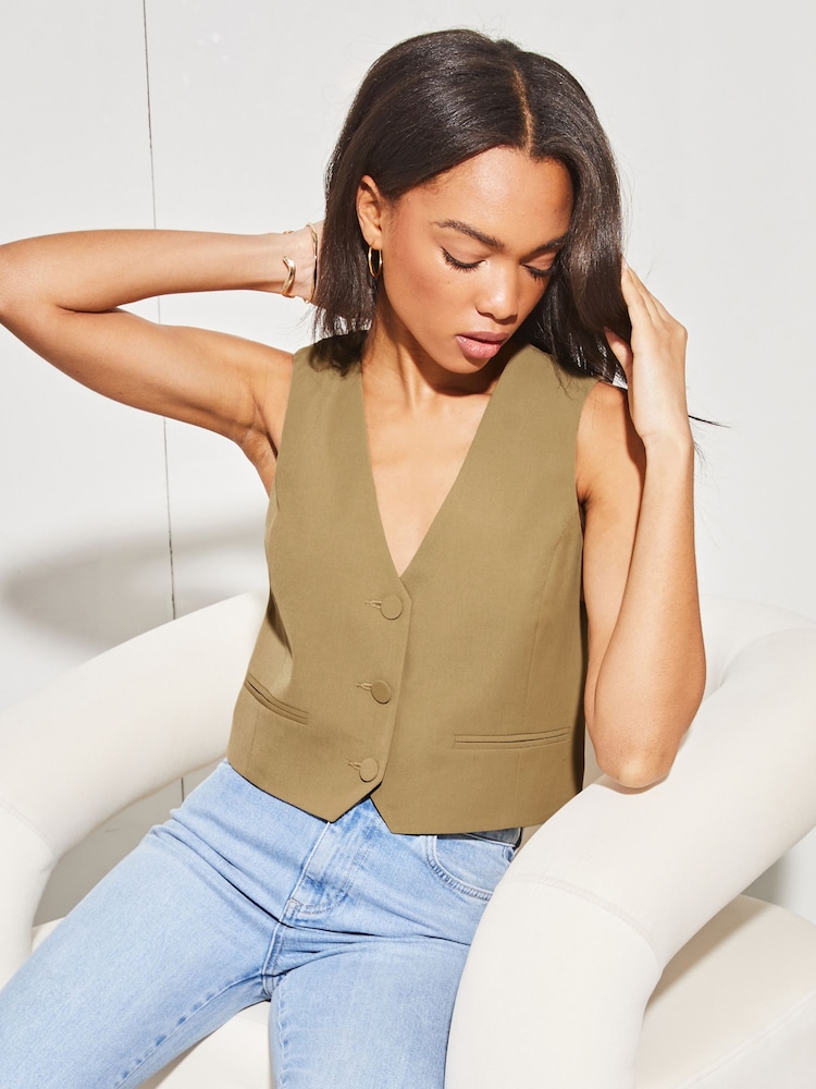 Lipsy Camel Fitted Tailored Buttoned Waistcoat - Image 1 of 4 Lipsy Camel Fitted Tailored Buttoned Waistcoat - Image 1 of 4