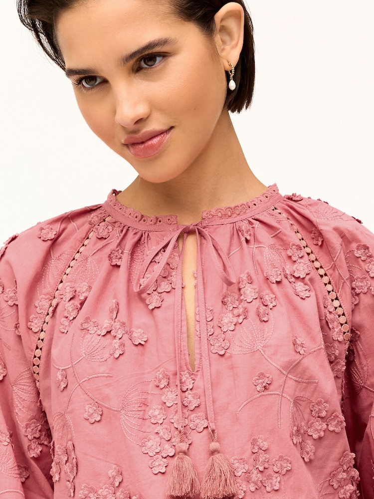 Blush Pink Tie Neck Floral Blouse - Image 4 of 6