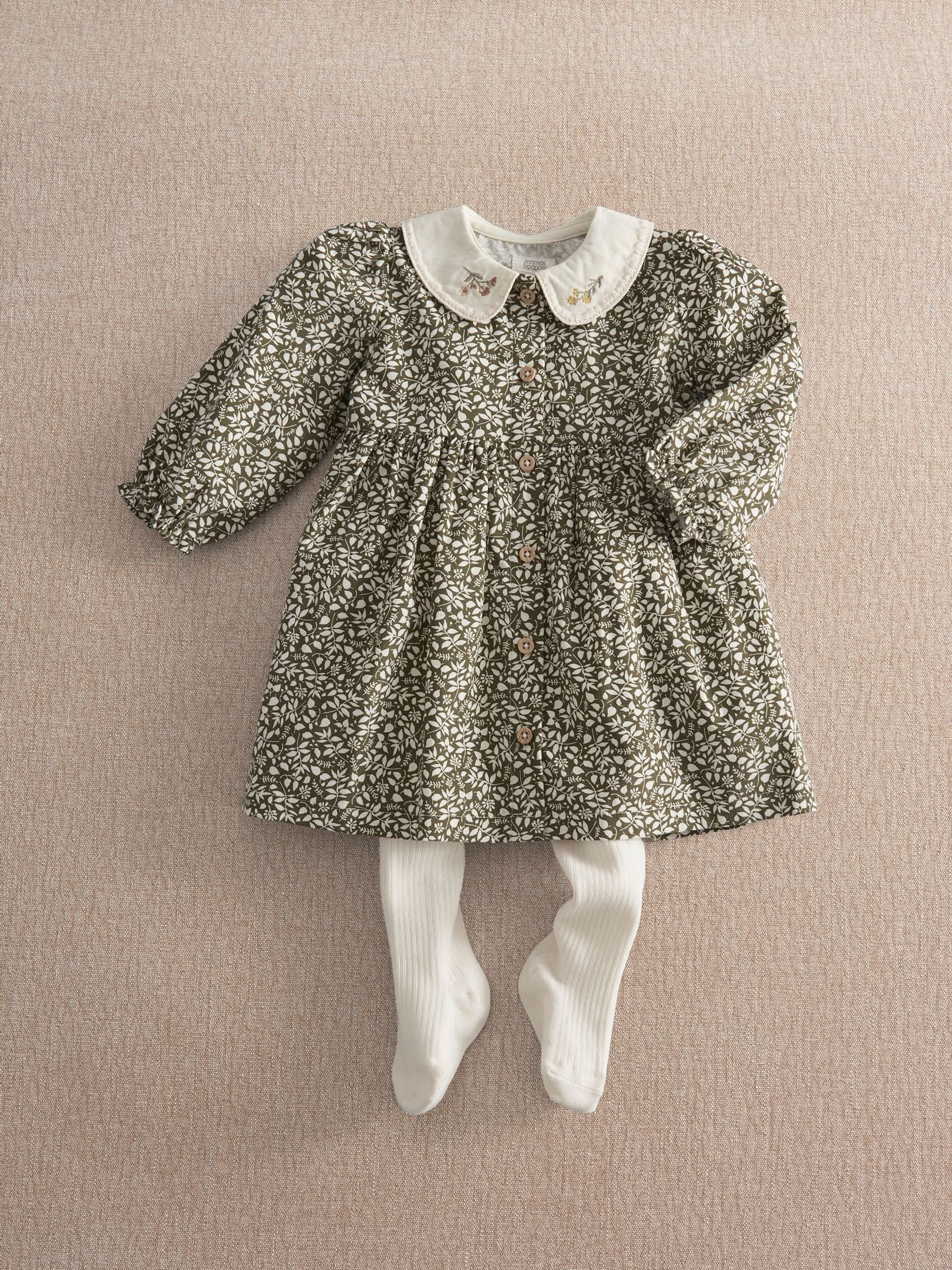 Mamas & Papas Baby Girls Leaf Print Dress & Tights Set, Green, Size 6-9 Months - Image 3