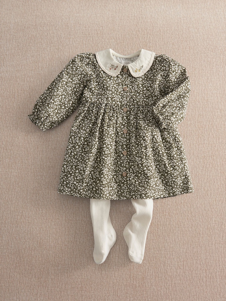 Mamas & Papas Green Leaf Print Dress & Tights Set - Image 1 of 3