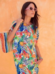 Tropical Print Gathered Short Sleeve Textured Boxy Mini Dress - Image 1 of 6