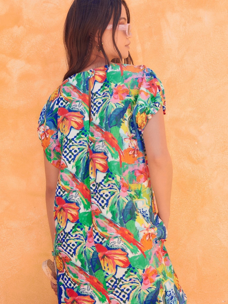 Tropical Print Gathered Short Sleeve Textured Boxy Mini Dress - Image 2 of 6