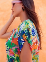 Tropical Print Gathered Short Sleeve Textured Boxy Mini Dress - Image 3 of 6