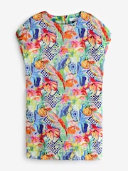 Tropical Print Gathered Short Sleeve Textured Boxy Mini Dress - Image 5 of 6