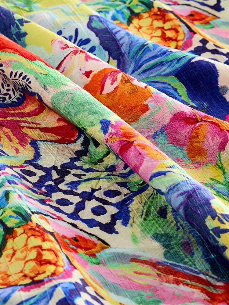 Tropical Print Gathered Short Sleeve Textured Boxy Mini Dress - Image 6 of 6