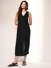 Black Linen Blend V-Neck Midi Dress - Image 2 of 6