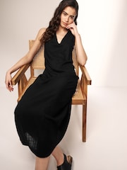 Black Linen Blend V-Neck Midi Dress - Image 3 of 6
