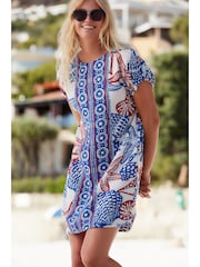 Red/Blue Coral Print Gathered Short Sleeve Textured Boxy Mini Dress - Image 1 of 6