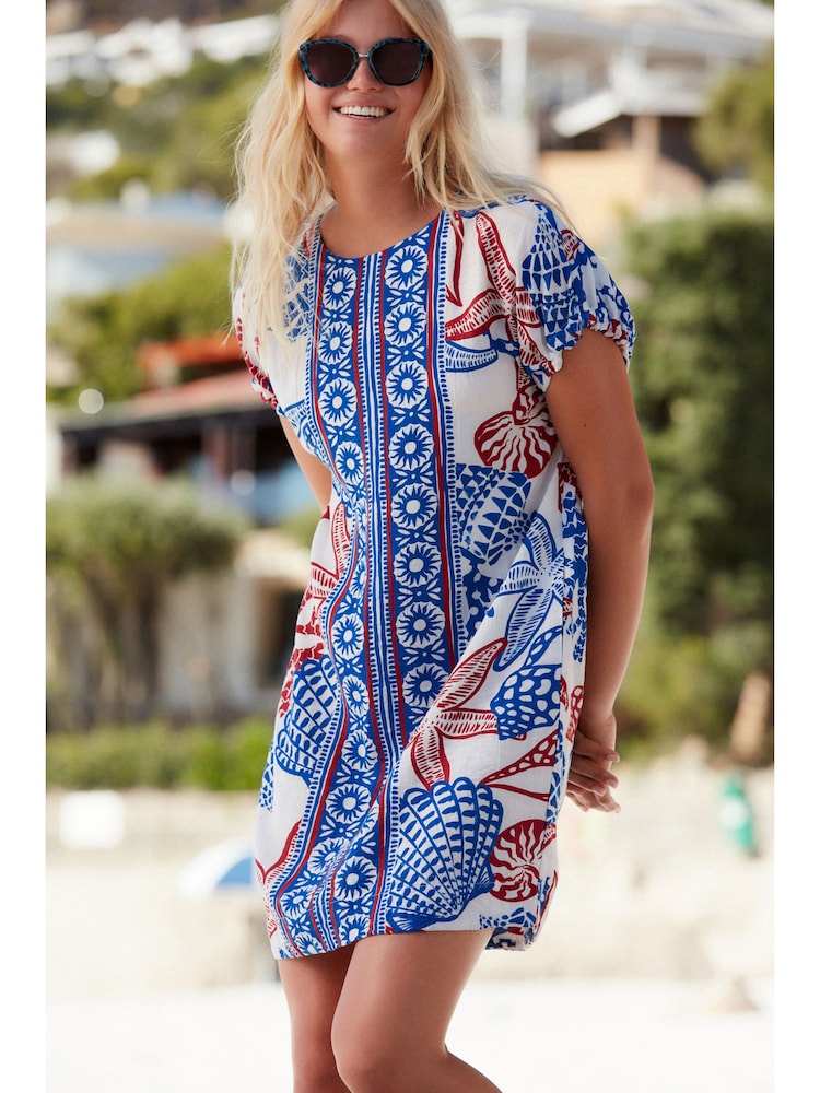 Red/Blue Coral Print Gathered Short Sleeve Textured Boxy Mini Dress - Image 1 of 6