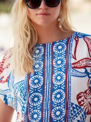 Red/Blue Coral Print Gathered Short Sleeve Textured Boxy Mini Dress - Image 4 of 6