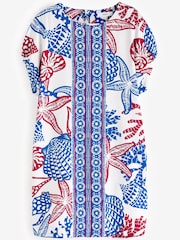 Red/Blue Coral Print Gathered Short Sleeve Textured Boxy Mini Dress - Image 5 of 6