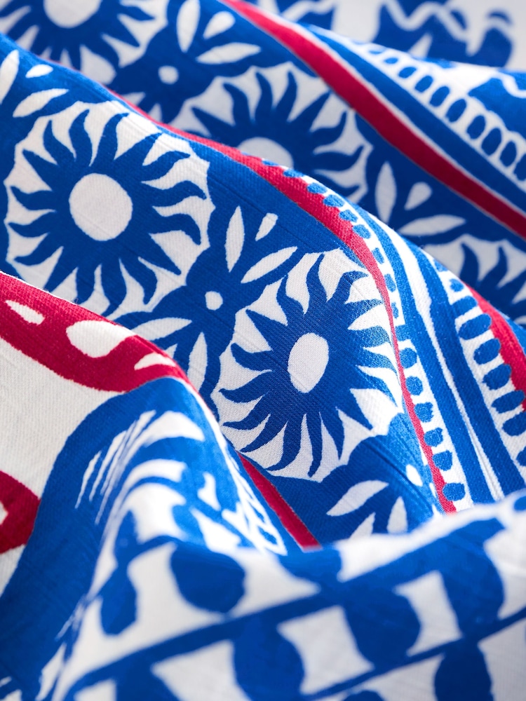 Red/Blue Coral Print Gathered Short Sleeve Textured Boxy Mini Dress - Image 6 of 6