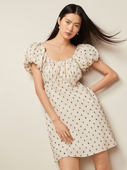 Neutral/Black Polka Dot Mini Puff Sleeve Ruched Front Dress - Image 3 of 6