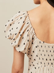 Neutral/Black Polka Dot Mini Puff Sleeve Ruched Front Dress - Image 4 of 6