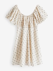 Neutral/Black Polka Dot Mini Puff Sleeve Ruched Front Dress - Image 5 of 6