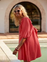 Coral Pink Linen Blend Puff Sleeve Mini Dress - Image 1 of 6