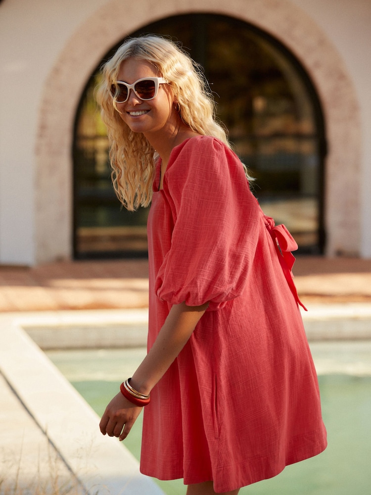 Coral Pink Linen Blend Puff Sleeve Mini Dress - Image 1 of 6